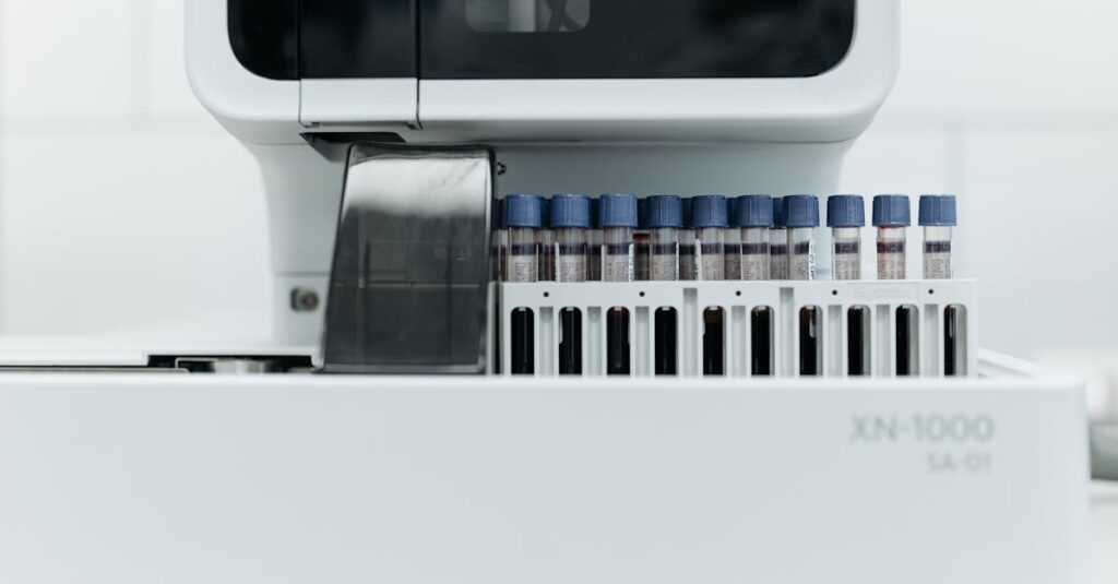 hematology Practice Exam Answers Close-up of laboratory machine holding test tubes for analysis.