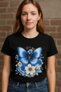 Girl wearing black butterfly tshirt .