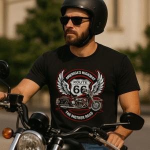 Man-wearing-black-Route-66-Tshirt-blac