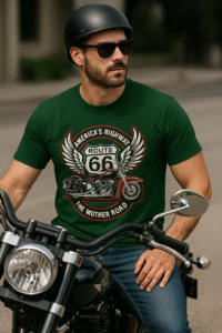 Man wearing green Route 66 T- shirt