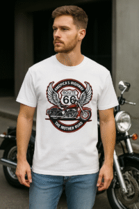 Man wearing white Route 66 T- shirt