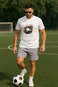 Man-wearing-white-Splash-Soccer-ball-tshirt