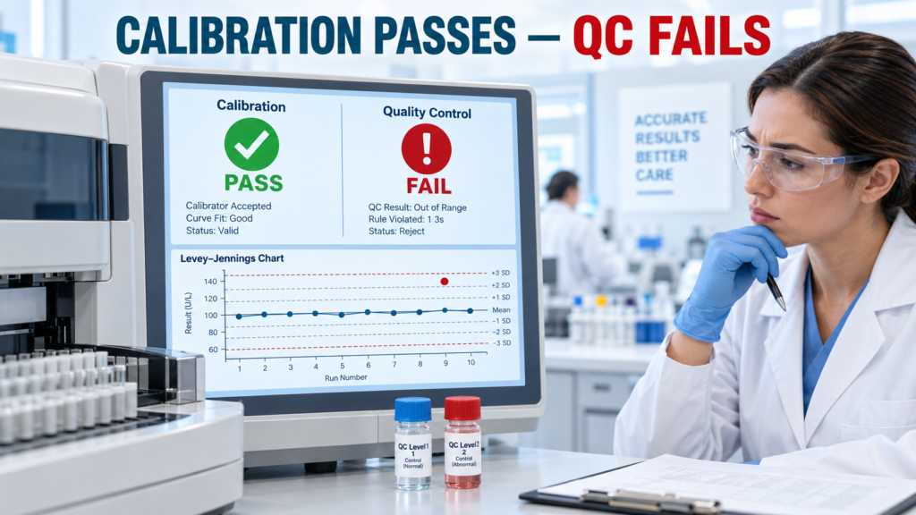 Calibration passes but quality control fails on a clinical laboratory analyzer