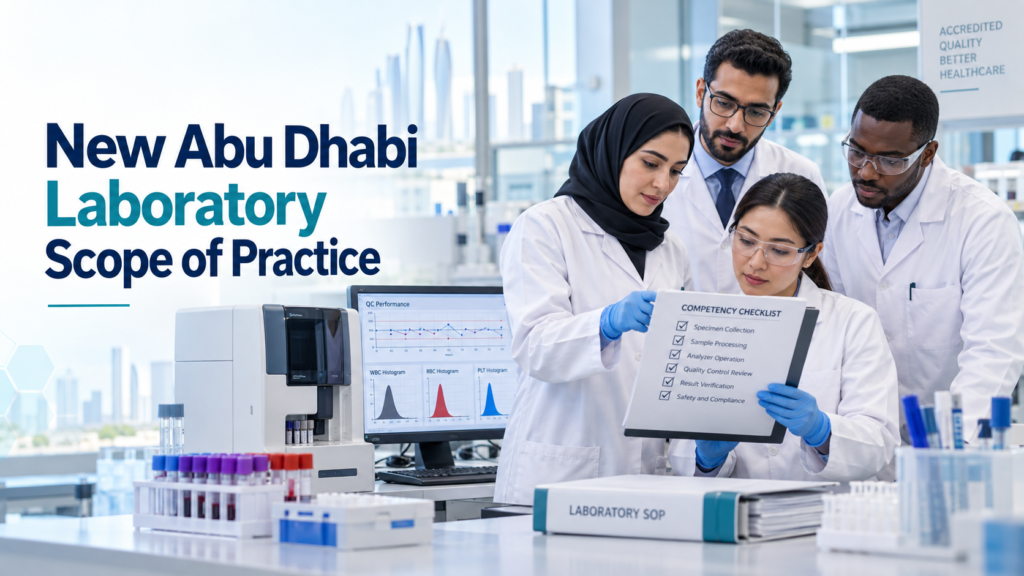 Medical laboratory professionals reviewing the new Abu Dhabi laboratory scope of practice
